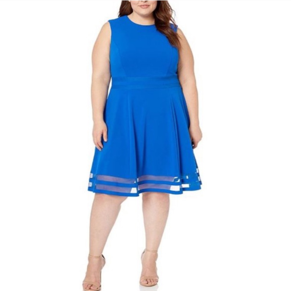 NWOT Calvin Klein Fit Flare Mesh Blue Dress 20W P688